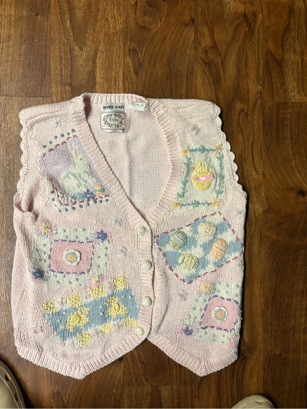 Vintage Erica hand knit Easter sweater, pink pastel patchwork, cottage core, L